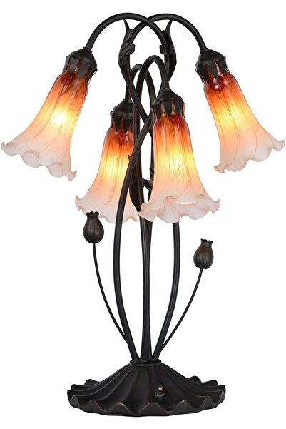 HOME LONDON BREEZE Lily Flowers Tiffany Stil Masa Lambası, Turuncu, El Yapımı Üfleme Cam