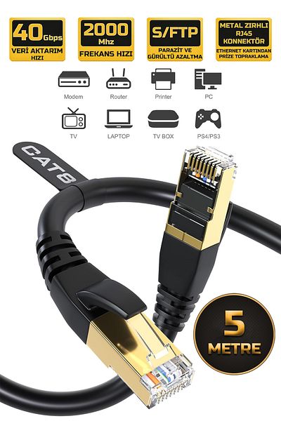 Gold Step كابل إيثرنت 5 أمتار CAT 8 40 جيجابت / ثانية 2000 ميجا هرتز موصل RJ45 معدني ممتاز