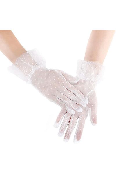 SAVA HOME COLLECTİON Short Length Laced White Polka Dot Tulle Gloves White Color
