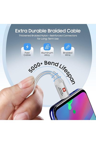 Swiss Military USB-C to USB-C Cable 1M 60W Fast Charging & Data Transfer for iPhone 15/16, Galaxy S25/24, White
