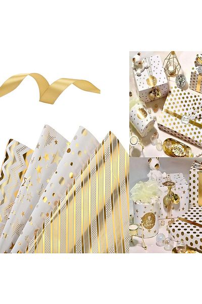COOYA Gift Wrapping Paper with 4 Gold Ribbon,Metallic Gold Foil Wrapping Paper Gift Bow and Sticker