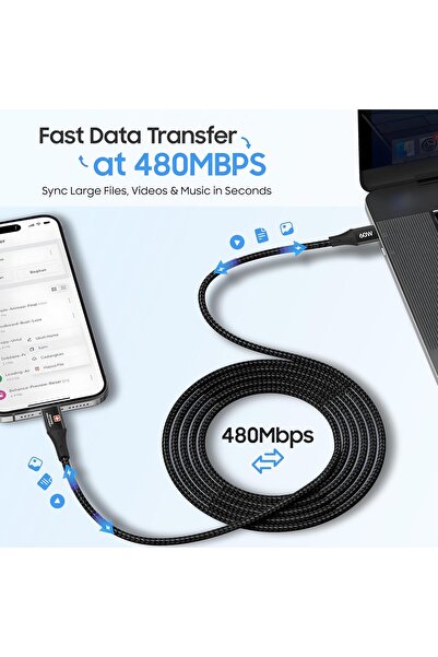 Swiss Military كابل USB-C إلى USB-C بطول 1 متر وقوة 60 وات للشحن السريع ونقل البيانات لأجهزة iPhone 15/16 وGalaxy S25/24، أسود