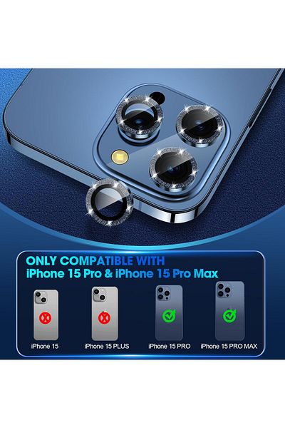 AWH iPhone 15 Pro/Pro Max Camera Lens Protector, Bling Metal Diamond Ring, 9H Scratchproof (Blue)