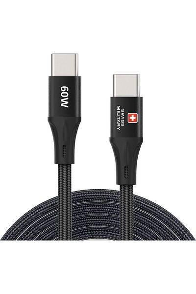 Swiss Military USB-C to USB-C Cable 1M 60W Fast Charging & Data Transfer for iPhone 15/16, Galaxy S25/24, Black