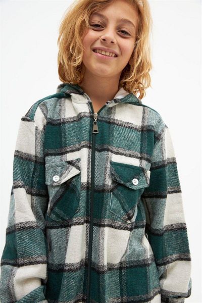 Hilal Akıncı Kids Girl's Hooded Oversize Lumberjack Fabric Jacket