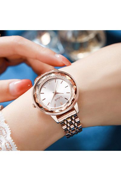 Youtrico Labaoli women's wristwatch set with diamonds,rose gold and white background,round watch
