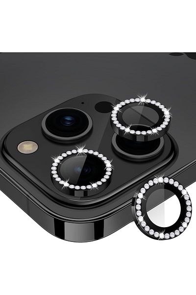 AWH iPhone 15 Pro/Pro Max Camera Lens Protector, Bling Metal Diamond Ring, 9H Scratchproof (Black)