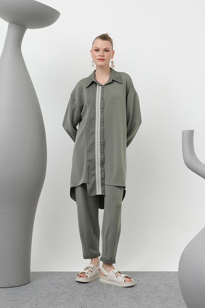 Puane 14297 Women's Garnished Stripe Detailed Modal Suit