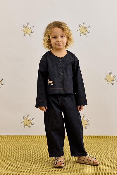 Fahhar Kids Navy Blue Kimono Denim Jacket Set
