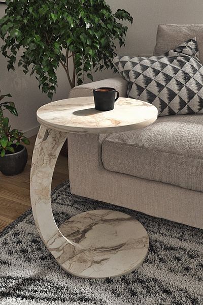 interGO C-shaped Round End Table With Rolling Wheels - White Marble Pattern
