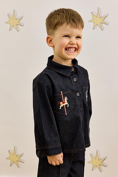 Fahhar Kids Navy Blue Denim Shirt Set