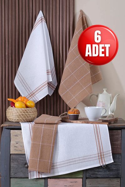 LADYNİL Комплект от 6 кухненски кърпи и немски салфетки 50x70 см 100% памук и пране, голям каре, кафяво