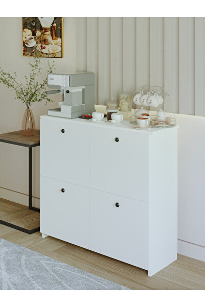 KZY Mobilya 4 Kapak 4 Raflı Kahve köşesi Çok Amaçlı Kahve Dolabı Beyaz
