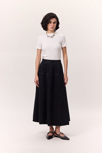 Manuka Wide Gather Denim Skirt Black