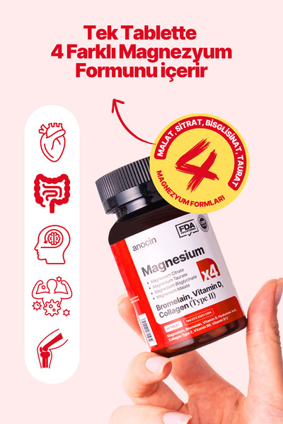 anocin MAGNEZYUM X4 COMPLEX CİTRATE, TAURATE, BİSGLYCİNATE, MALATE + BROMELAİN + KOLAJEN+ H.ASİT+D+B12+B6