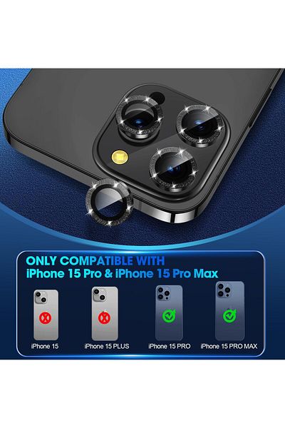 AWH iPhone 15 Pro/Pro Max Camera Lens Protector, Bling Metal Diamond Ring, 9H Scratchproof (Black)
