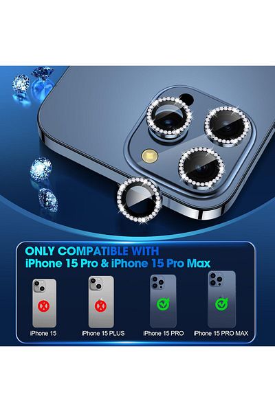AWH iPhone 15 Pro/Pro Max Camera Lens Protector, Bling Metal Diamond Ring, 9H Scratchproof (Blue)