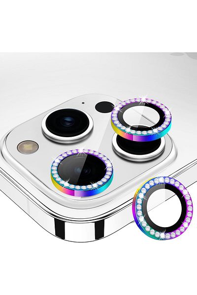 AWH iPhone 15 Pro/Pro Max Camera Lens Protector, Bling Metal Diamond Ring 9H Scratchproof (Rainbow)