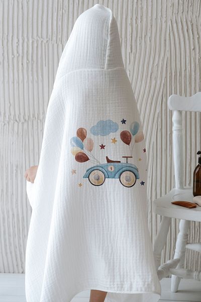 Tuğba Kuğu 4 Layers Muslin Hooded Towel - For Baby Series - Balloon Car