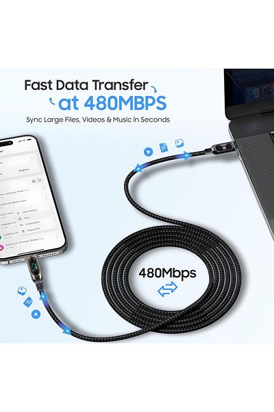 Swiss Military USB-C to USB-C LED Cable 1M 100W Fast Charging Data Cable for iPhone 15/16, Galaxy S25/24, Black