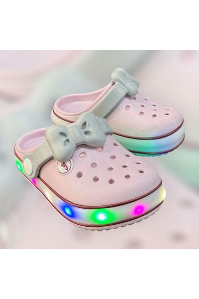 AkınalBella Akinal Ki̇ds Baby Girl Pink Bow Lighted Led Sole Closed Front Slippers Sandals