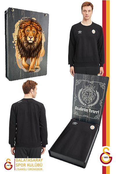 Galatasaray Оригинална лицензирана дървена кутия за подарък с лъв и черен суитшърт Zero Collar