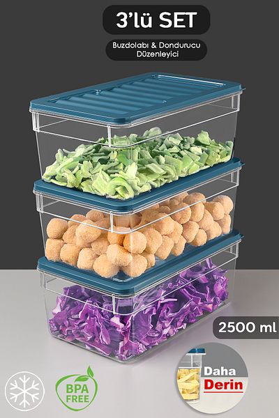 Meleni Home 2500ml Blue 3-Piece Deep Refrigerator Organizer Set - Microwave Freezer Container