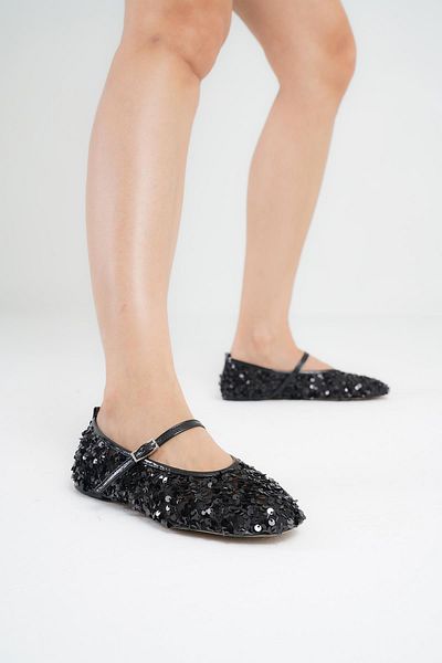 Beyond Women's Black Sequin Banded Low Heeled Ballerinas Byndkp3208