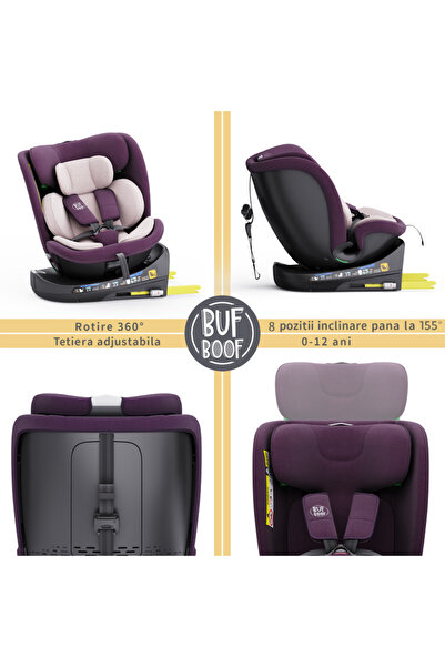 BUF BOOF Scaun Auto B-Joy DELUXE BUF BOOF iSIZE Purple Isofix pozitie somn 155 grade rotativ 40-150 cm