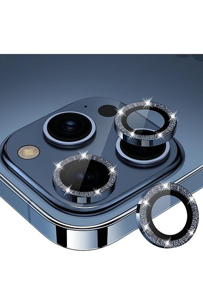 AWH iPhone 15 Pro/Pro Max Camera Lens Protector, Bling Metal Diamond Ring, 9H Scratchproof (Blue)