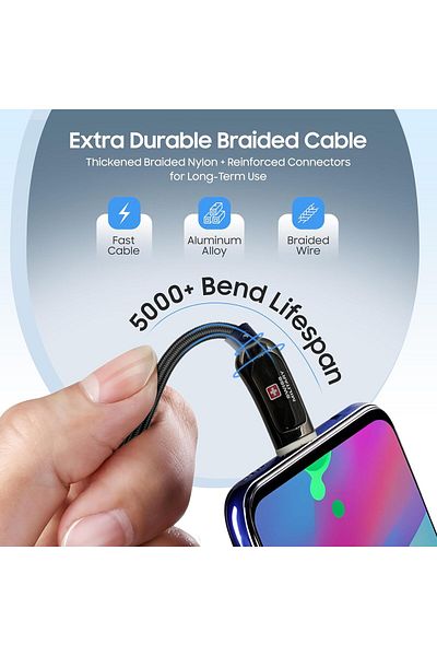 Swiss Military USB-C to USB-C LED Cable 1M 100W Fast Charging Data Cable for iPhone 15/16, Galaxy S25/24, Black