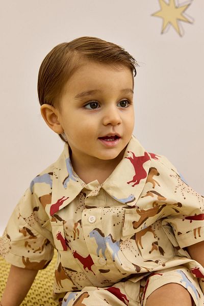 Fahhar Kids Beige Bellows Pocket Shorts Set