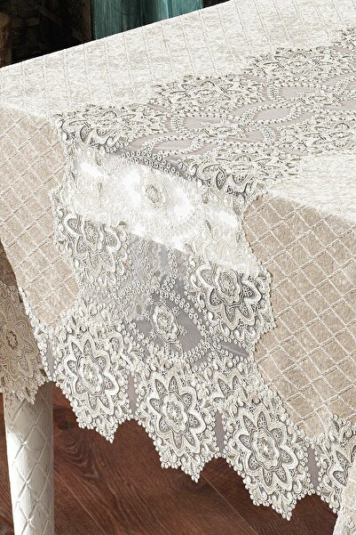 Evlen Home Collection Date Velvet Luxury Single Table Cloth Lacy Laced Cream