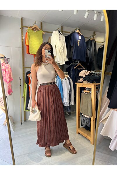 Butik Kahverengi uzun kraş kırışık etek
