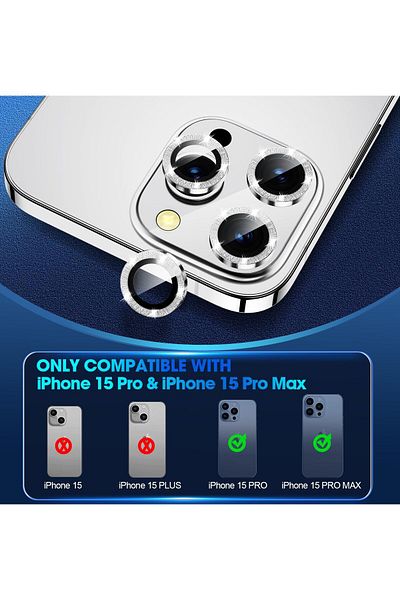 AWH iPhone 15 Pro/Pro Max Camera Lens Protector, Bling Metal Diamond Ring 9H Scratchproof (Silver)