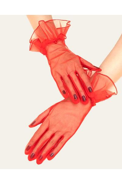 SAVA HOME COLLECTİON Short Size Lycra Laced Adult Tulle Gloves Red Color