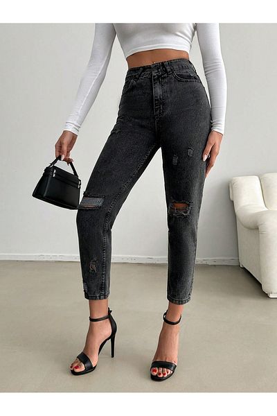 SHEVEGA Women's Smoked High Waist Laser Ripped Mom Jeans Denim Pants