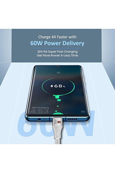 Swiss Military كابل USB-C إلى USB-C بطول 1 متر وقوة 60 وات للشحن السريع ونقل البيانات لأجهزة iPhone 15/16 وGalaxy S25/24، أبيض