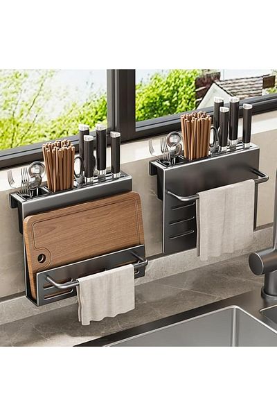 COOYA Wall-Mounted Universal Knife Rack, Kitchen Knife Rack with 3 Cutlery Racks & Towel Bar