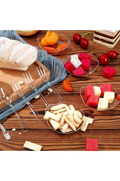 COOYA Small Disposable Plastic Tableware, Plates, Forks & Spoons, for Dishes Appetizer Dessert (100 Pack)