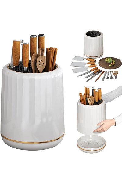 COOYA Rotating Knife Holder with Drain Tray for Kitchen,3 in 1 Multi-function Flatware Utensil Drying Rack