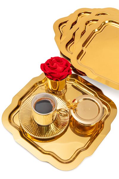NEWTREND Züccaciye 6-Piece Luxury Gold Daisy Model Stainless Steel Serving, Tea, Coffee, Refreshment and Presentation Tray