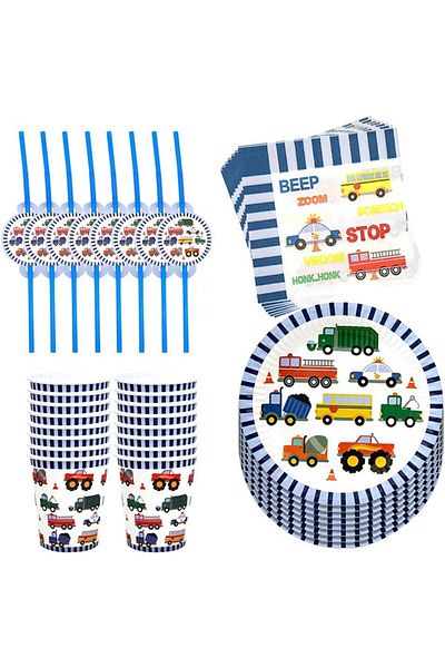 COOYA 50Pcs Disposable Tableware, Engineering Vehicle Theme, Party Supplies, for Boy Birthday