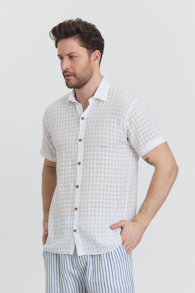 TCT TEKSTİL Ανδρικό πουκάμισο - Μουσελίνα βάφλα καρό γιακά κοντομάνικο πουκάμισο - 4045