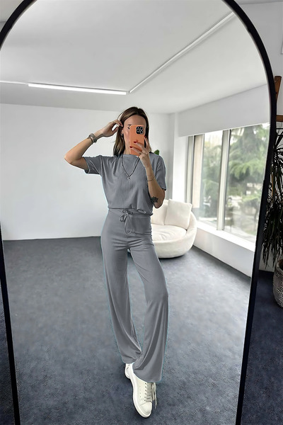 YAKAMEL Kadın Fitilli İspanyol Paça Yazlık Süper Yüksek Bel Kısa Kollu Takım