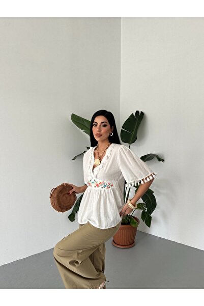 BRGCLOTHING Γυναικεία καλοκαιρινή φούντα, κεντημένη μπλούζα με μανίκια τριών τετάρτων