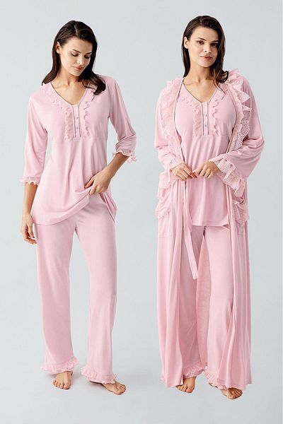 Artış Long Sleeve Lace Buttoned Flexible Viscose Dressing Gown Pajama Set