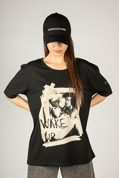 Woxxo Wake Up Baskılı Unisex Oversize T-Shirt -Siyah Lycralı Modal/Pamuk