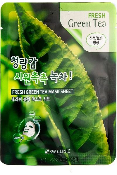 3W CLINIC Face Mask With Green Tea Extract, Moisturizing Effect Fresh Green Tea Mask Sheet, 23g
