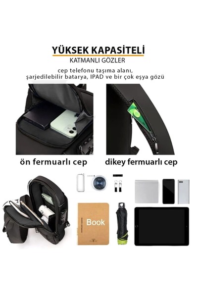 Newish Erkek Siyah Vegan Deri Ayarlanabilir Çapraz Askılı Göğüs Omuz Ve Bel Mini Sırt Çantası